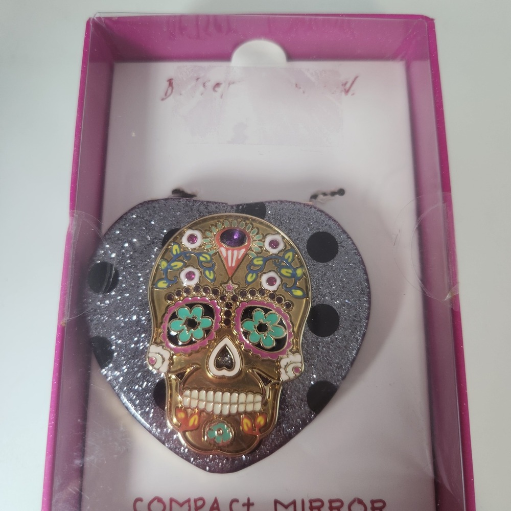 Betsey Johnson Sugar Skull Heart Compact Mirror Glitter Polka Dot NIB